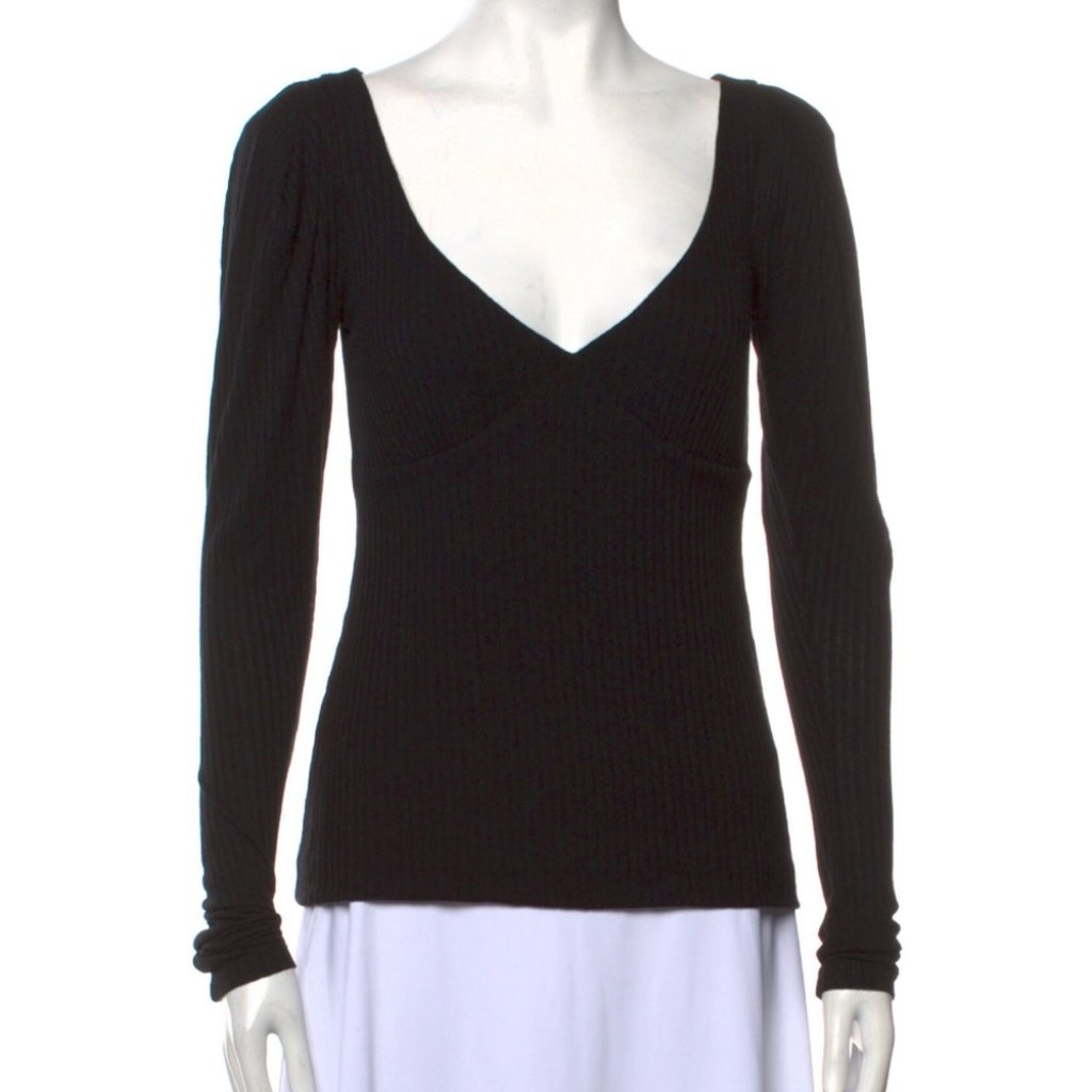 A.L.C Black Ribbed V-Neck Long Sleeve Top